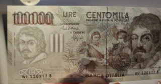 Banconota Lire 100.000 Caravaggio 1° tipo