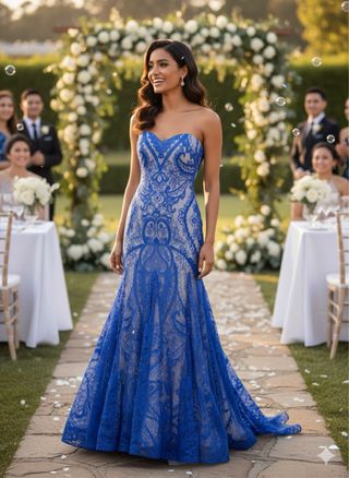 Vestido de fiesta azul y beige