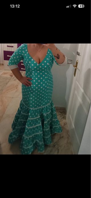 Vestido Flamenca Verde agua y Lunares Blanco