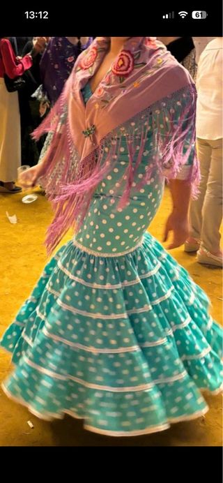 Vestido Flamenca Verde agua y Lunares Blanco