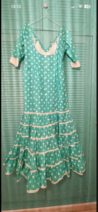 Vestido Flamenca Verde agua y Lunares Blanco