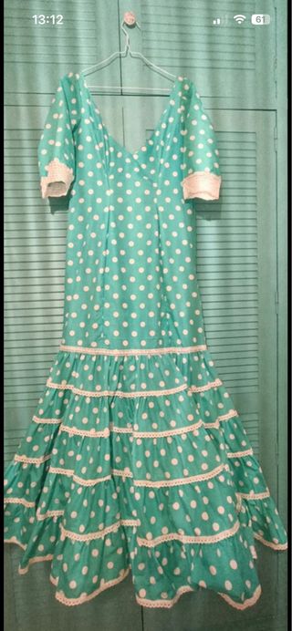 Vestido Flamenca Verde agua y Lunares Blanco