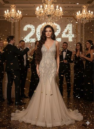 Vestido de fiesta beige y dorado