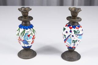 Coppia antichi candelabri Kütahya bronzo, ceramica