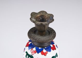 Coppia antichi candelabri Kütahya bronzo, ceramica