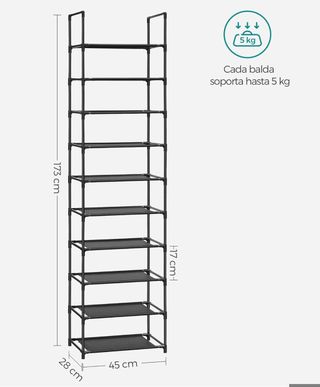 SONGMICS Scarpiera, Organizzatore Scarpe, 10 Ripiani, Scarpiera Aperta Stretta, 28 x 45 x 173 cm, Struttura in Metallo, Ripiani in Tessuto Non Tessuto, per Corridoio, Camera da Letto, Nero LSH010B02
