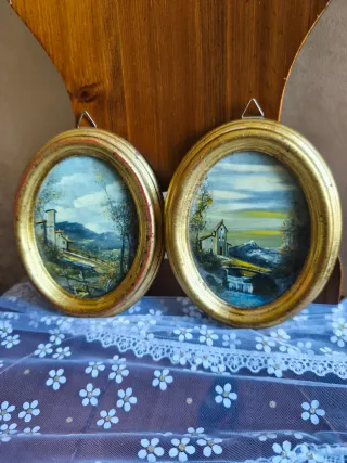 2 Quadretti Paesaggio Vintage Ovale