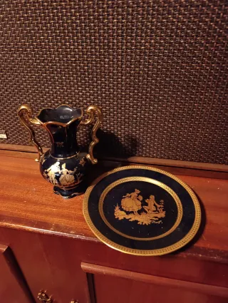 Jarrón y plato decorativo Limoges France oro22k