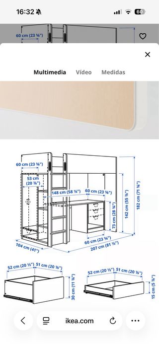 Cama alta IKEA SMÅSTAD con escritorio y armario