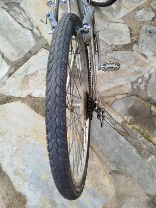 Bicicleta de montaña plateada inoxidable totalment