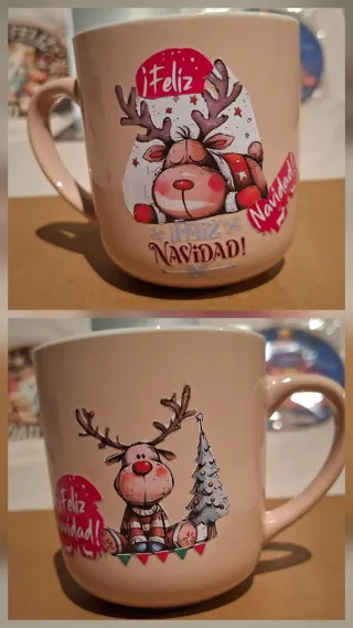 Tazas Navideñas Muñeco Nieve y renos.blancas.Moka