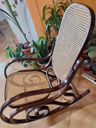 Mecedora de ratán y madera oscura