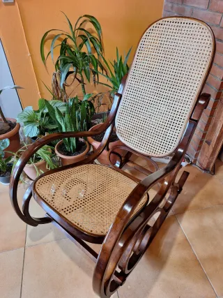 Mecedora de ratán y madera oscura