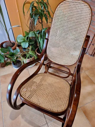 Mecedora de ratán y madera oscura