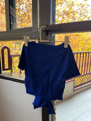 Top Zara Azul Escote V Lazos