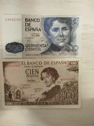 2 Billetes Españoles: 500 y 100 Pesetas