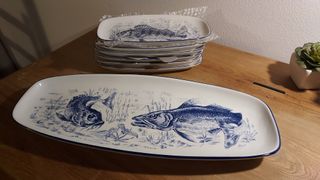 6 Piatti in porcellana con pesce blu