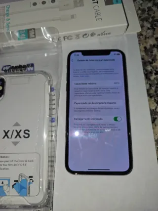 iPhone X Prateado com Capa e Cabo.