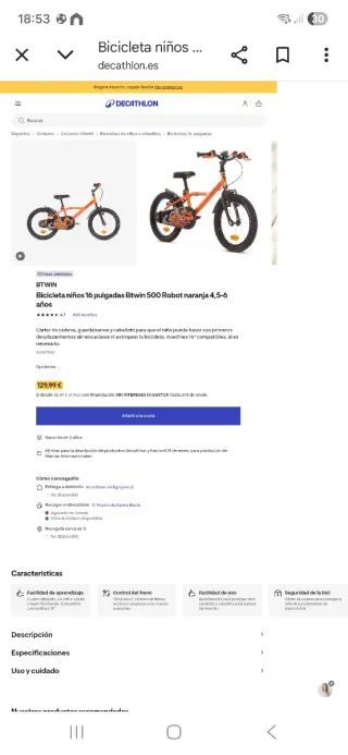 Bicicleta infantil Btwin 500 16 naranja