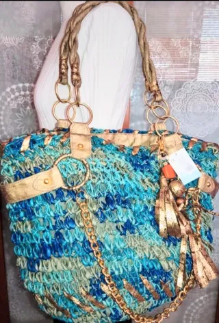 Bolso Hobo Grande Azul y Verde y piel sintetica fo