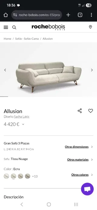 Sofá Roche Bobois Allusion Tissu Nuage