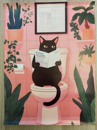 Fogliano gatto nero che legge il giornale in bagno