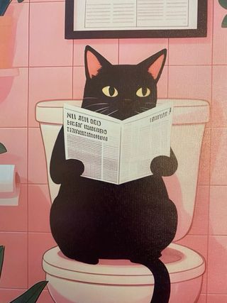 Fogliano gatto nero che legge il giornale in bagno