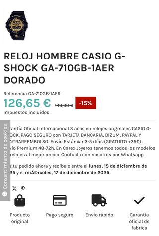 Reloj Casio G-Shock GA-710GB-1AER Dorado