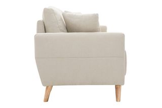 A ESTRENAR. Sofá 3 plazas tela beige y madera.