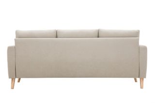 A ESTRENAR. Sofá 3 plazas tela beige y madera.