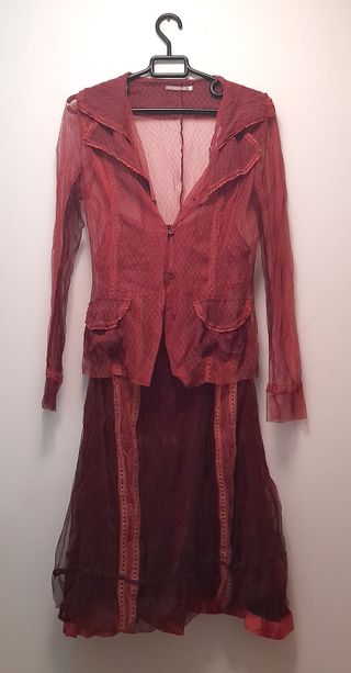 Vestido y chaqueta estilo vintage rosa- burdeos