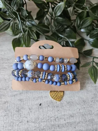 Set 4 Bracciali Perline Blu e Oro con Ciondolo Cuo