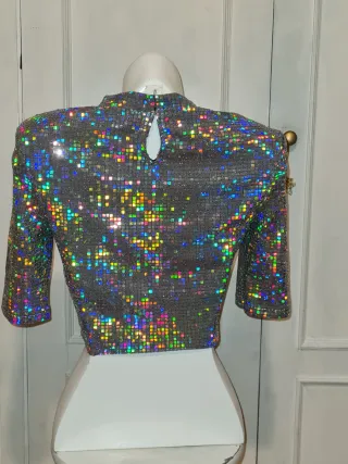 Top Bershka Cut Out Holográfico Plata