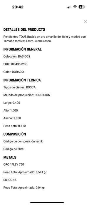 Pendientes Ositos Oro Tous