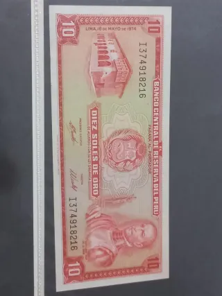 Biglietto da 10 soles d'oro del Perù 1974 SC