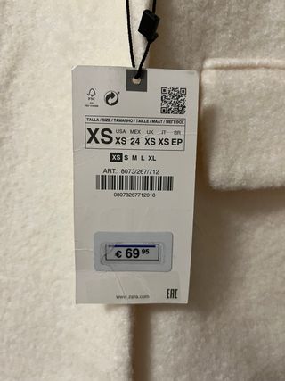 Abrigo corto Zara Blanco Talla XS