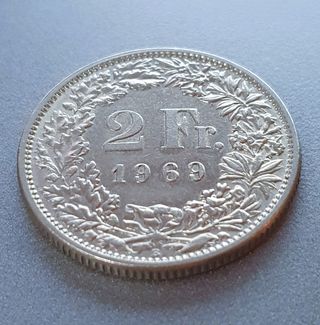 Rara Moneta 2 Franchi Helvetia con scudo del 1969