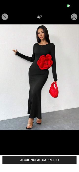 Abito lungo nero con fiore rosso