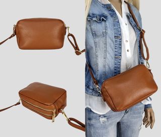 Bolsito de Piel Genuina con 2 Cremalleras - Camel