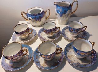 Set caffè vintage antico Silesia 1920 con 6 tazze, zuccheriera