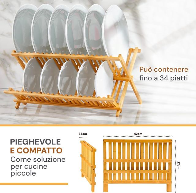 Escurridor Platos Bambú Plegable 2 Niveles