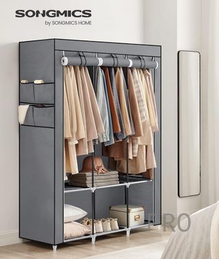 Guardaroba SONGMICS, 3 Aste per Abbigliamento, Ripiani, 4 Tasche Laterali, Armadio Tessuto Pieghevole, 45 x 130 x 167 cm, Grigio RYG092G02
