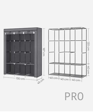 Guardaroba SONGMICS, 3 Aste per Abbigliamento, Ripiani, 4 Tasche Laterali, Armadio Tessuto Pieghevole, 45 x 130 x 167 cm, Grigio RYG092G02