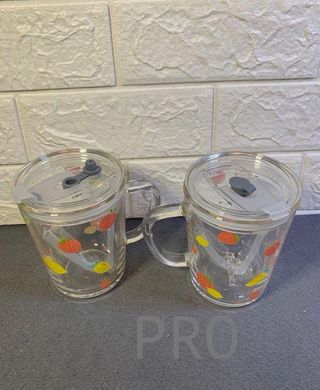 Set di 2 Bicchieri per Bambini Relaxdays, Design Frutta, Acqua con Manico, Coperchio e Cannuccia, 400 ml, Trasparente, 80% Vetro Plastico 10% Silicone N