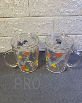 Set di 2 Bicchieri per Bambini Relaxdays, Design Frutta, Acqua con Manico, Coperchio e Cannuccia, 400 ml, Trasparente, 80% Vetro Plastico 10% Silicone N