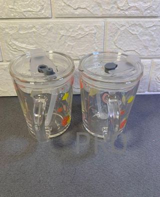 Set di 2 Bicchieri per Bambini Relaxdays, Design Frutta, Acqua con Manico, Coperchio e Cannuccia, 400 ml, Trasparente, 80% Vetro Plastico 10% Silicone N