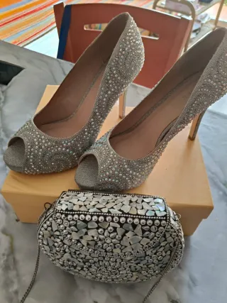 Zapatos de fiesta y bolso plateados