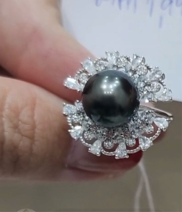 Anillo Perla Negra Tahití 11mm Plata 925 Circonita
