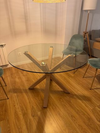 Mesa redonda cristal y metal símil madera