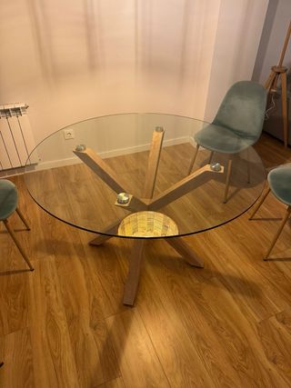Mesa redonda cristal y metal símil madera